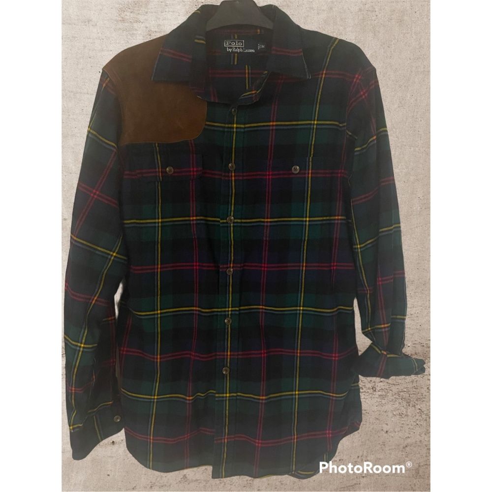 Polo by Ralph Lauren Mens Leather Shoulder Patch Button Up Flannel Medium EUC